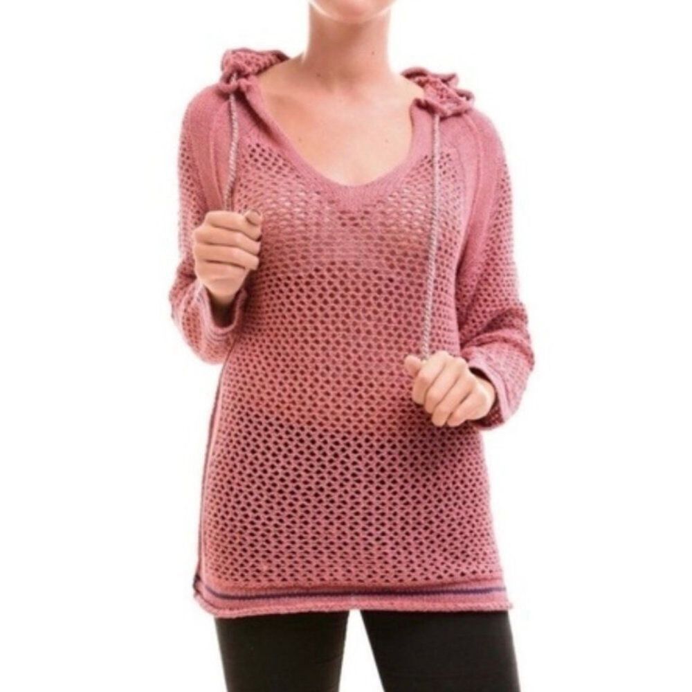 NEW Free People Women’s Small Light Red/Navy Shadow Stripe Crochet Hoodie Sweate
